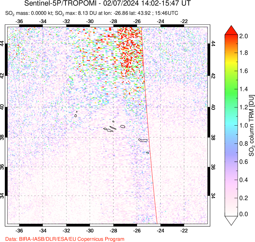 A sulfur dioxide image over Azore Islands, Portugal on Feb 07, 2024.