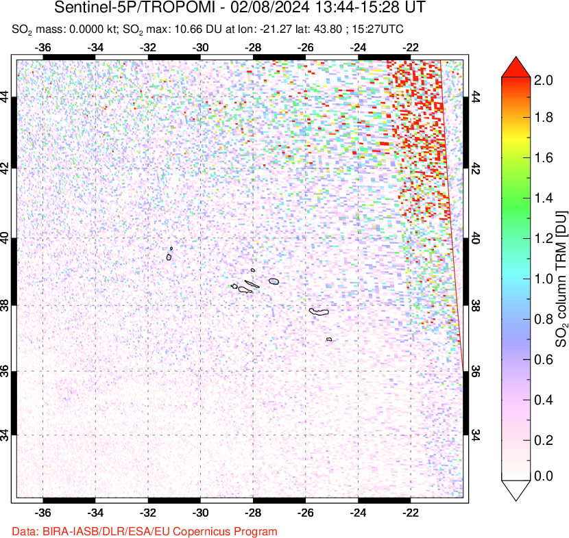 A sulfur dioxide image over Azore Islands, Portugal on Feb 08, 2024.