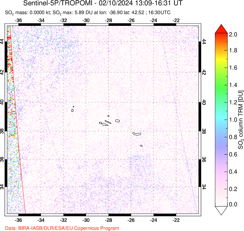 A sulfur dioxide image over Azore Islands, Portugal on Feb 10, 2024.