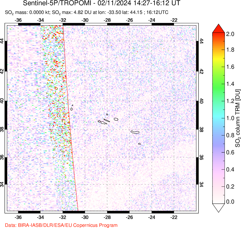 A sulfur dioxide image over Azore Islands, Portugal on Feb 11, 2024.