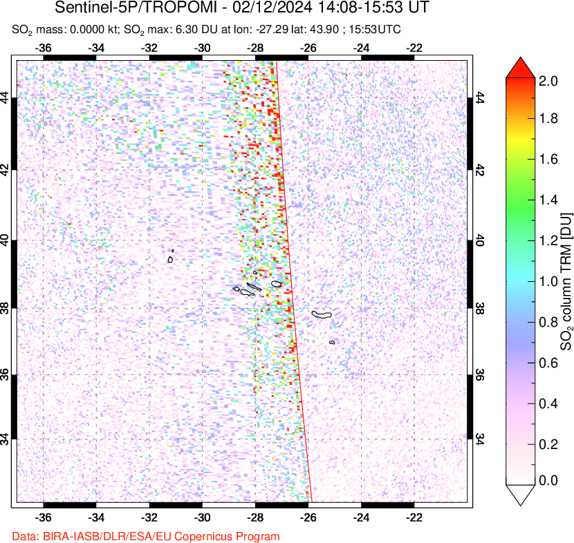 A sulfur dioxide image over Azore Islands, Portugal on Feb 12, 2024.