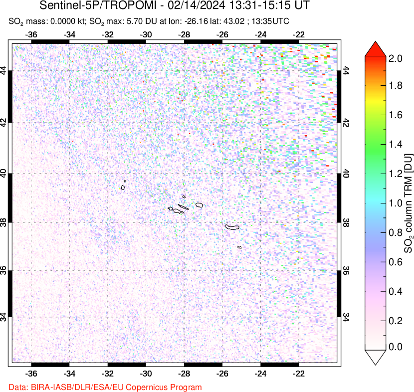 A sulfur dioxide image over Azore Islands, Portugal on Feb 14, 2024.