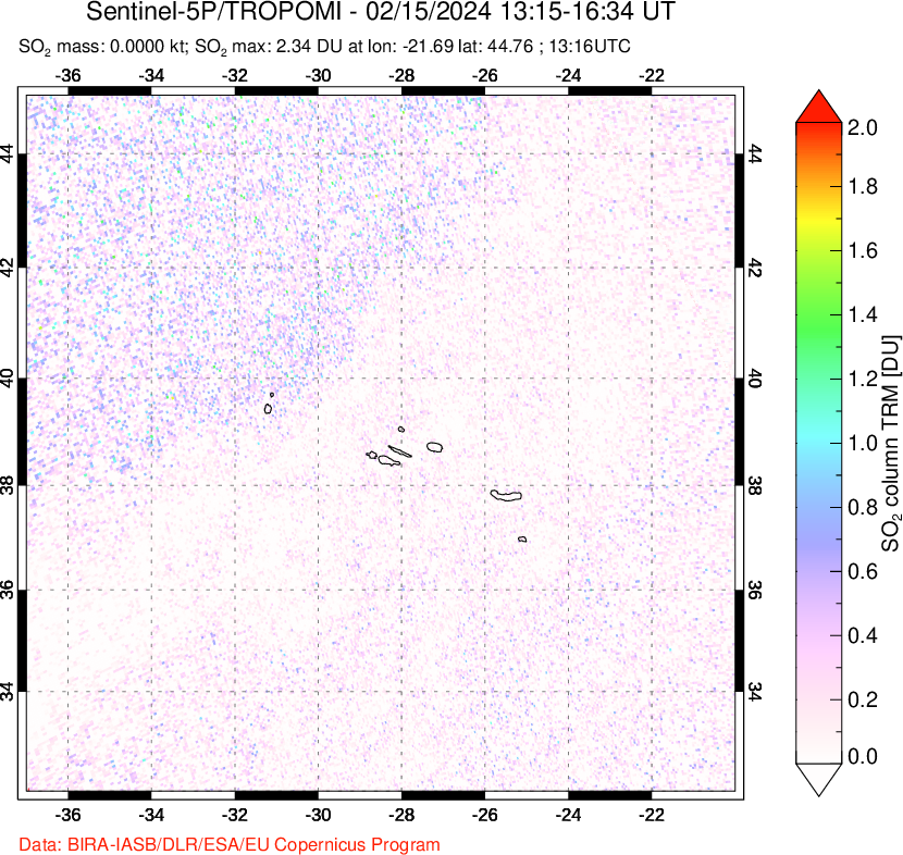 A sulfur dioxide image over Azore Islands, Portugal on Feb 15, 2024.