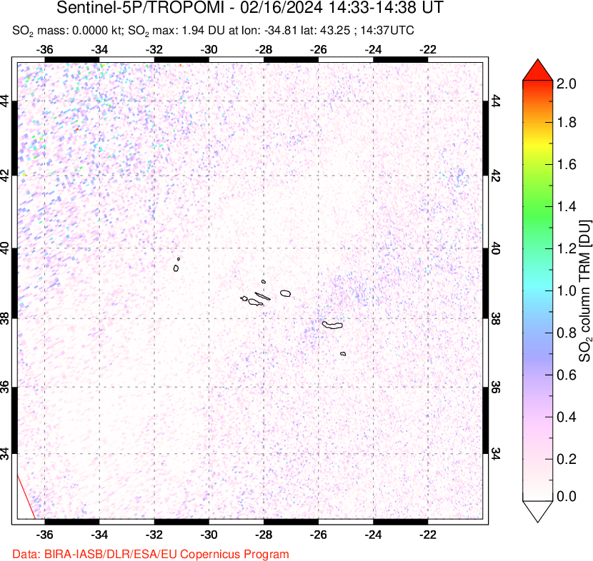 A sulfur dioxide image over Azore Islands, Portugal on Feb 16, 2024.