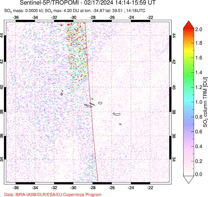 A sulfur dioxide image over Azore Islands, Portugal on Feb 17, 2024.