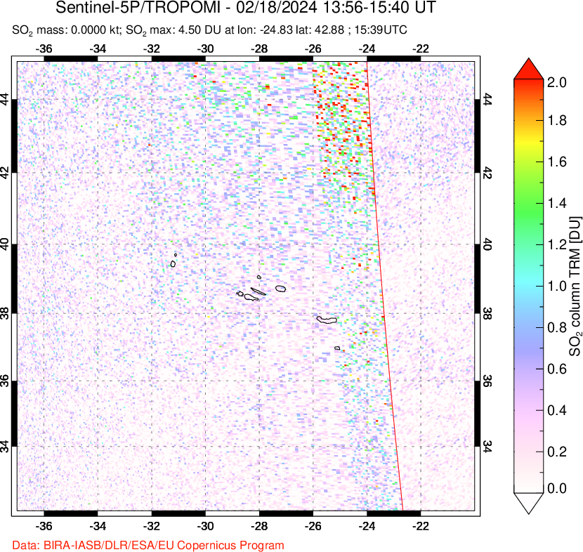 A sulfur dioxide image over Azore Islands, Portugal on Feb 18, 2024.