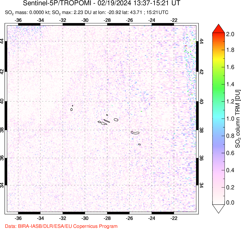 A sulfur dioxide image over Azore Islands, Portugal on Feb 19, 2024.