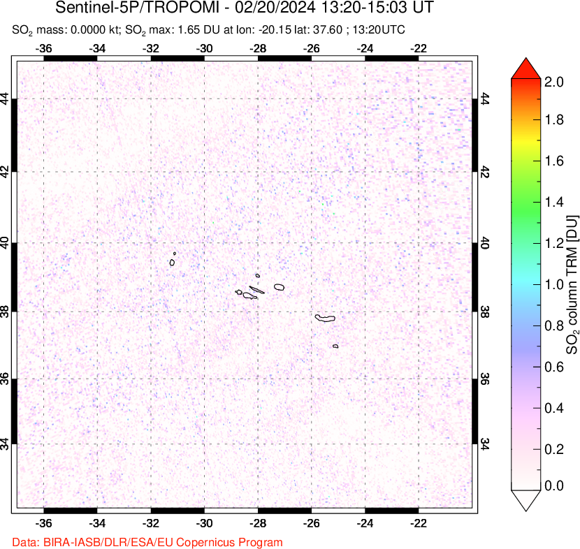 A sulfur dioxide image over Azore Islands, Portugal on Feb 20, 2024.