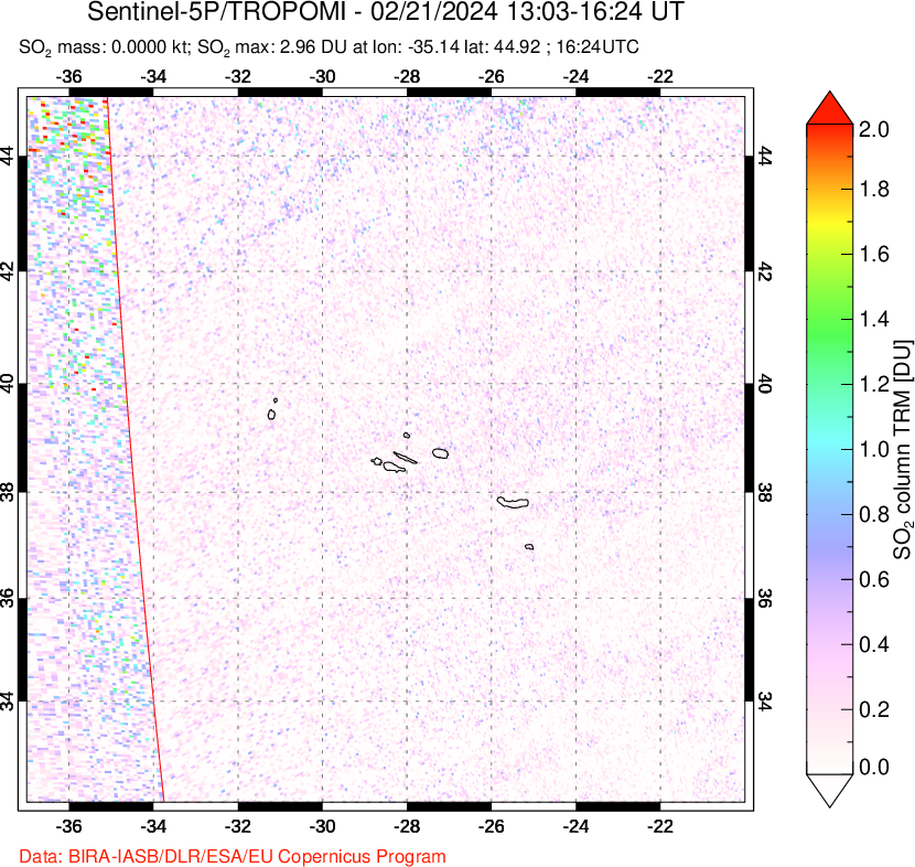 A sulfur dioxide image over Azore Islands, Portugal on Feb 21, 2024.