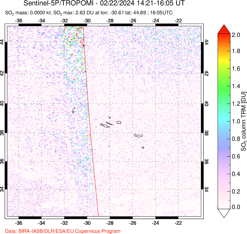 A sulfur dioxide image over Azore Islands, Portugal on Feb 22, 2024.