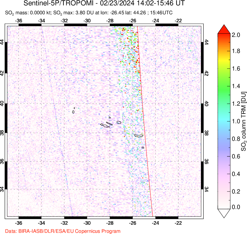 A sulfur dioxide image over Azore Islands, Portugal on Feb 23, 2024.