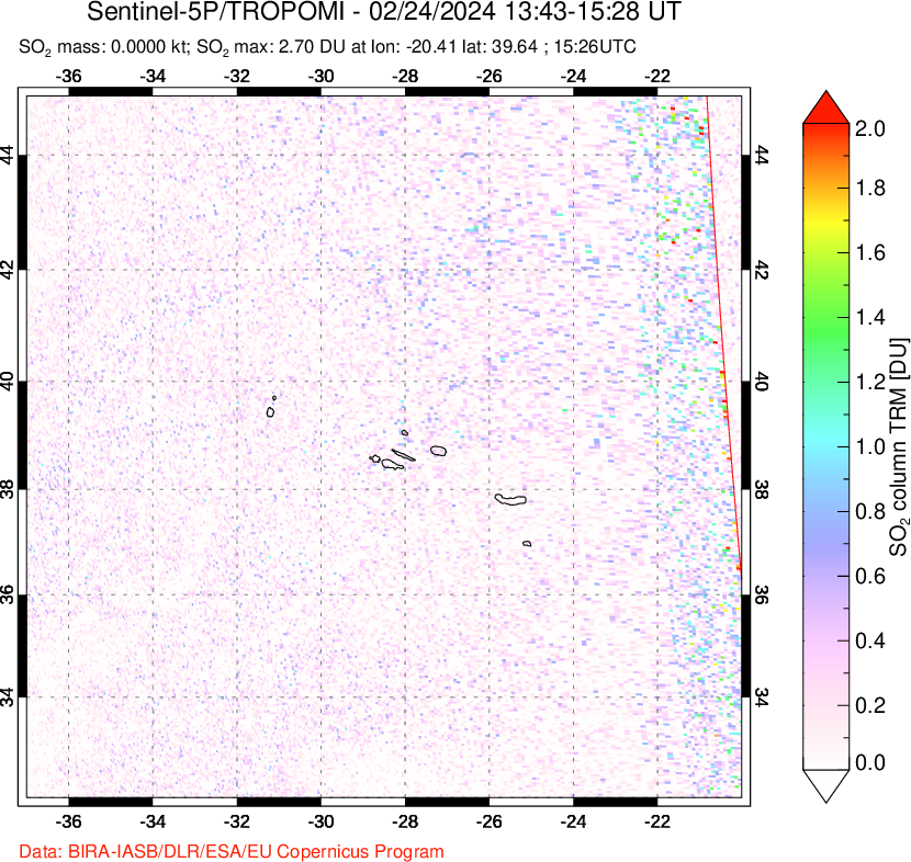 A sulfur dioxide image over Azore Islands, Portugal on Feb 24, 2024.