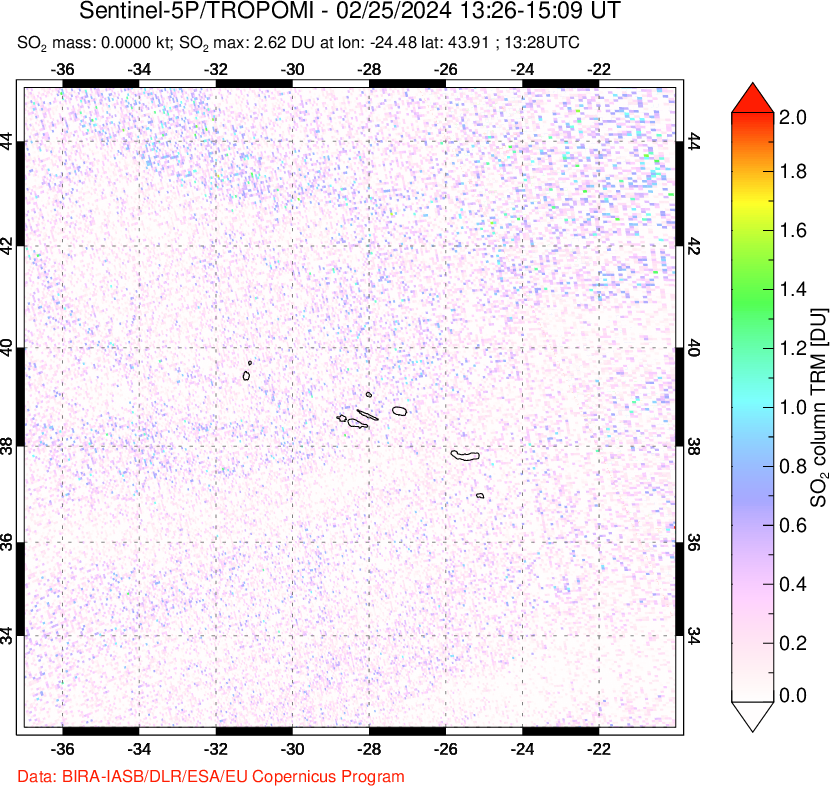 A sulfur dioxide image over Azore Islands, Portugal on Feb 25, 2024.