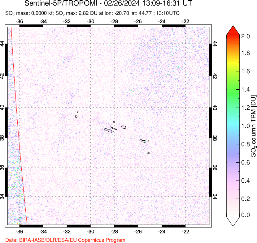 A sulfur dioxide image over Azore Islands, Portugal on Feb 26, 2024.