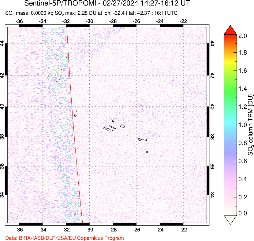 A sulfur dioxide image over Azore Islands, Portugal on Feb 27, 2024.