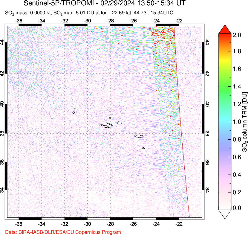 A sulfur dioxide image over Azore Islands, Portugal on Feb 29, 2024.