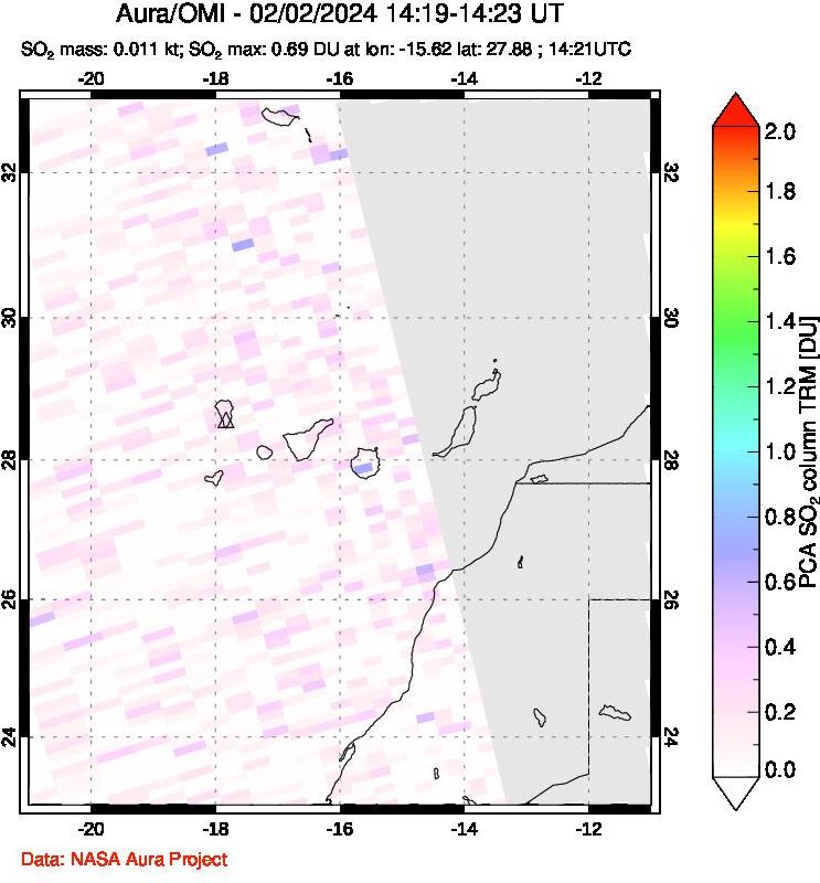 A sulfur dioxide image over Canary Islands on Feb 02, 2024.