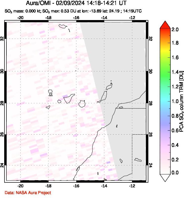 A sulfur dioxide image over Canary Islands on Feb 09, 2024.