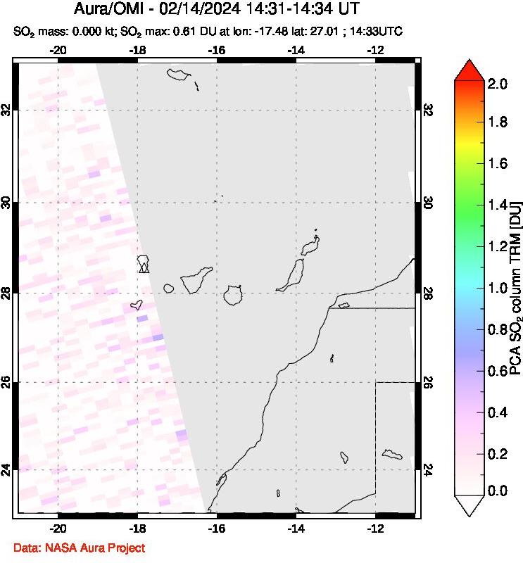 A sulfur dioxide image over Canary Islands on Feb 14, 2024.