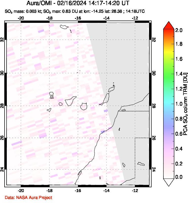 A sulfur dioxide image over Canary Islands on Feb 16, 2024.