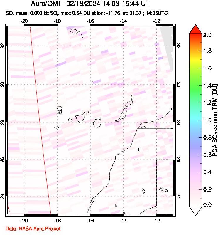 A sulfur dioxide image over Canary Islands on Feb 18, 2024.