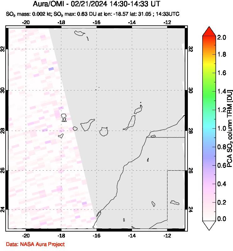 A sulfur dioxide image over Canary Islands on Feb 21, 2024.