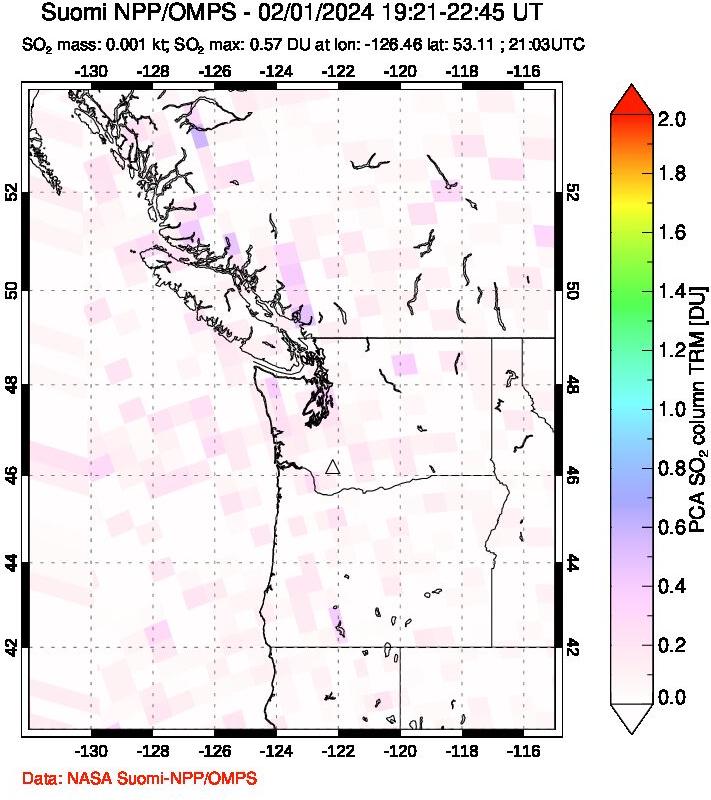 A sulfur dioxide image over Cascade Range, USA on Feb 01, 2024.