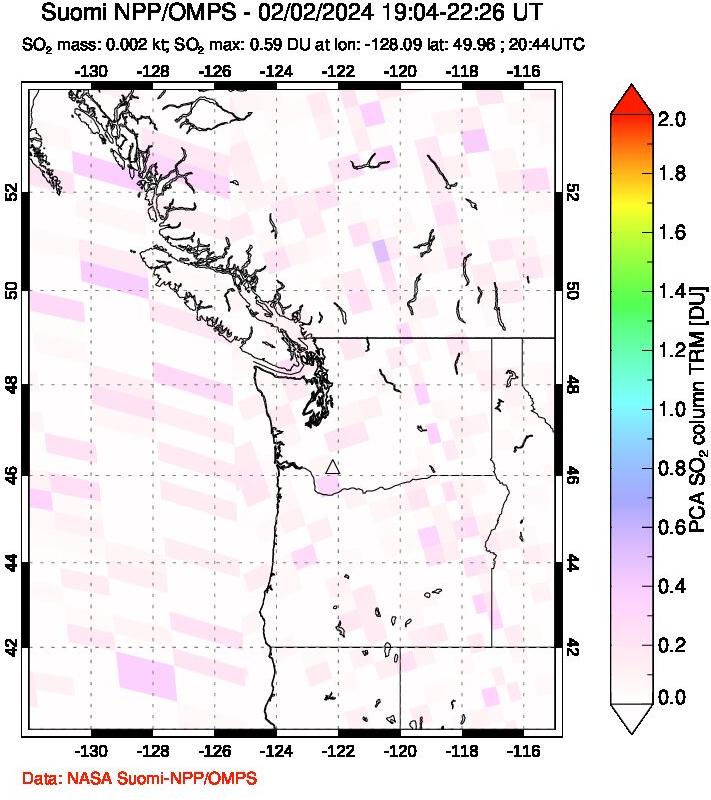 A sulfur dioxide image over Cascade Range, USA on Feb 02, 2024.