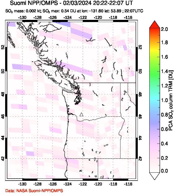 A sulfur dioxide image over Cascade Range, USA on Feb 03, 2024.