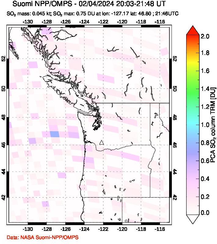 A sulfur dioxide image over Cascade Range, USA on Feb 04, 2024.