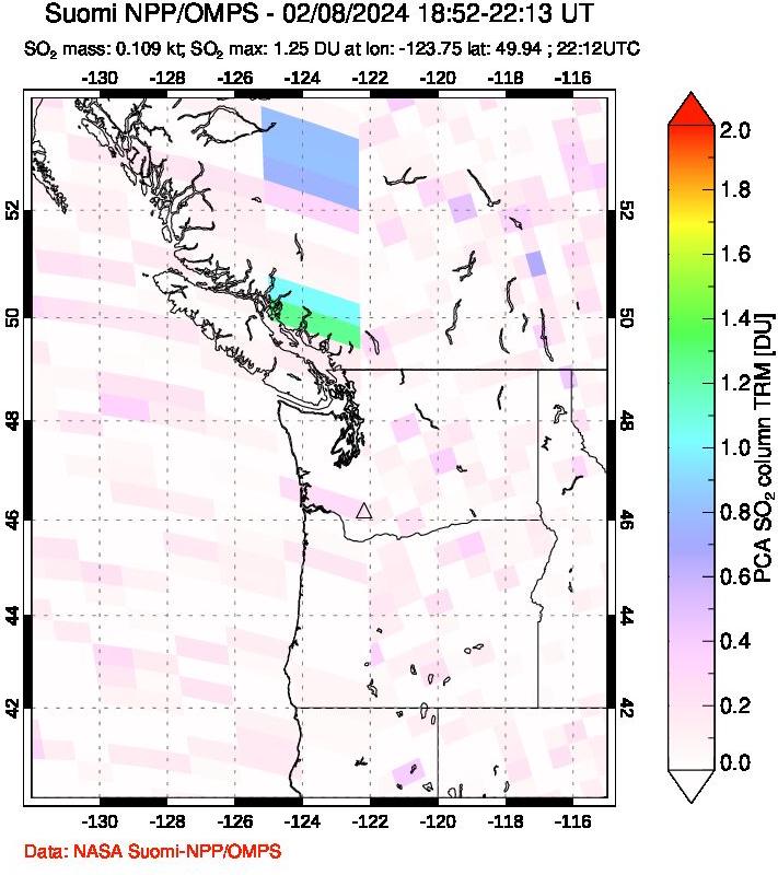 A sulfur dioxide image over Cascade Range, USA on Feb 08, 2024.