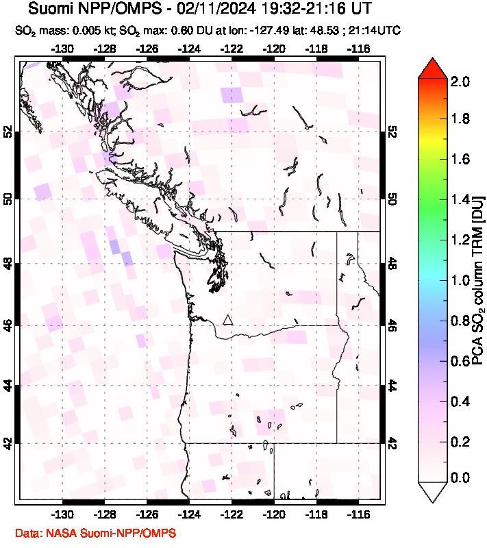 A sulfur dioxide image over Cascade Range, USA on Feb 11, 2024.