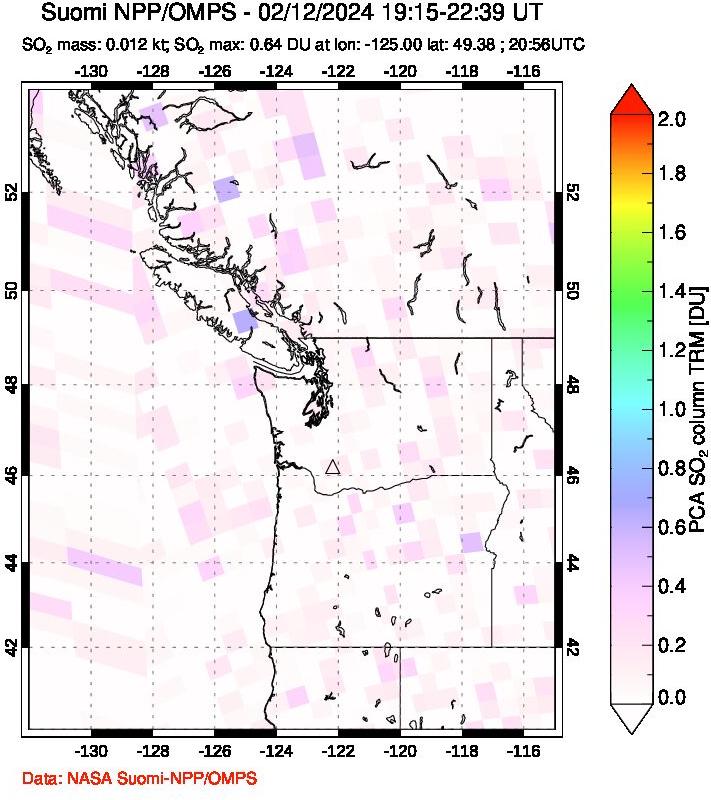 A sulfur dioxide image over Cascade Range, USA on Feb 12, 2024.