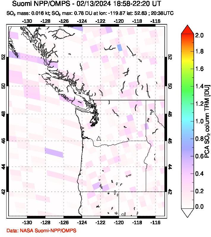 A sulfur dioxide image over Cascade Range, USA on Feb 13, 2024.