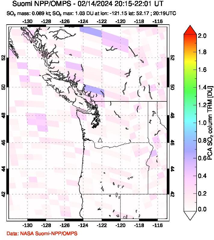 A sulfur dioxide image over Cascade Range, USA on Feb 14, 2024.