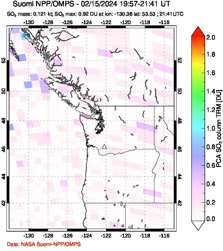 A sulfur dioxide image over Cascade Range, USA on Feb 15, 2024.