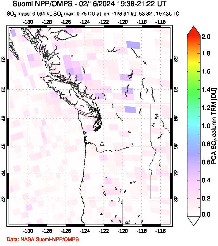 A sulfur dioxide image over Cascade Range, USA on Feb 16, 2024.