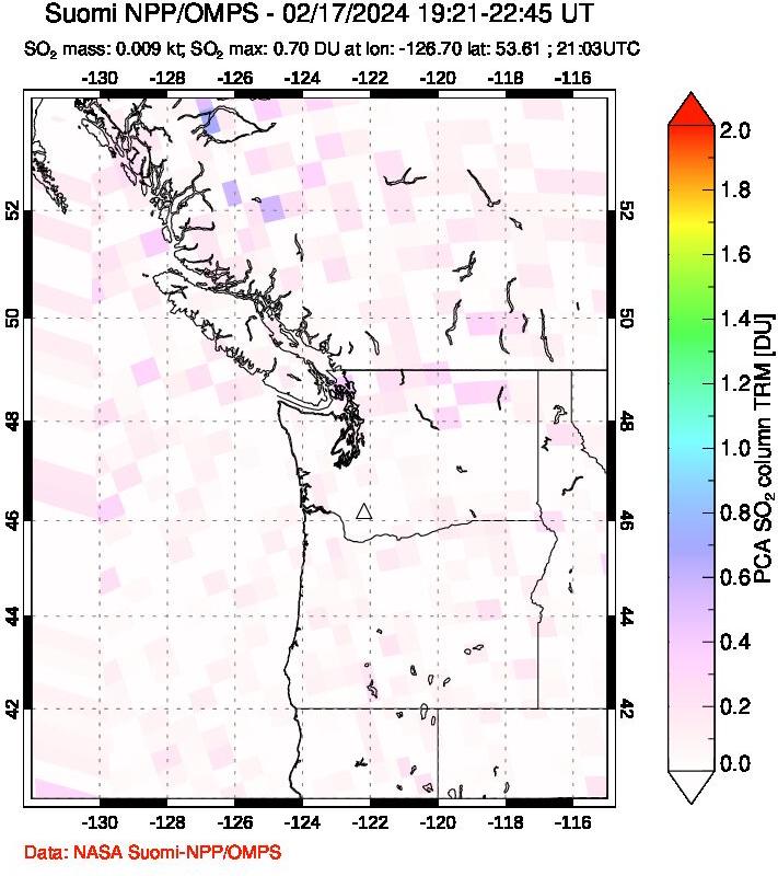 A sulfur dioxide image over Cascade Range, USA on Feb 17, 2024.