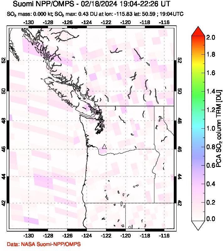 A sulfur dioxide image over Cascade Range, USA on Feb 18, 2024.