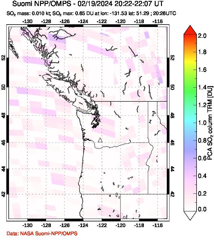 A sulfur dioxide image over Cascade Range, USA on Feb 19, 2024.