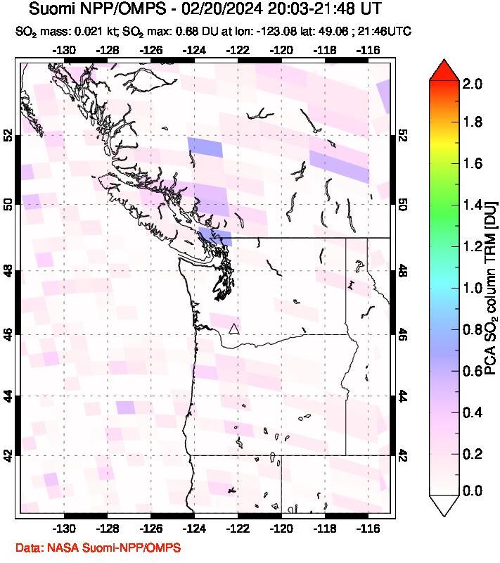 A sulfur dioxide image over Cascade Range, USA on Feb 20, 2024.