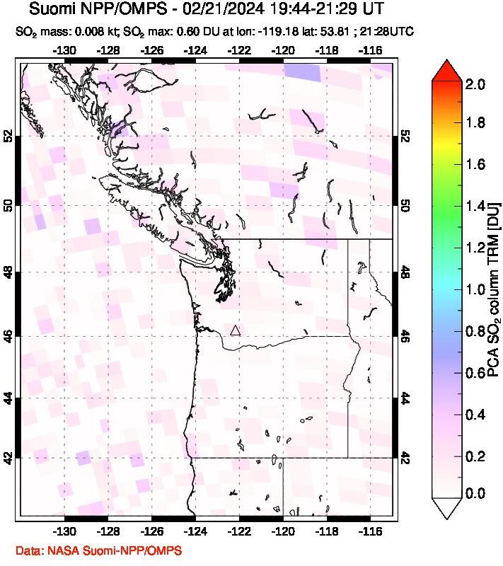 A sulfur dioxide image over Cascade Range, USA on Feb 21, 2024.