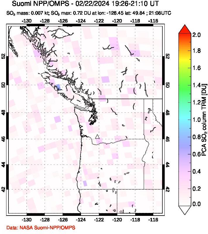 A sulfur dioxide image over Cascade Range, USA on Feb 22, 2024.