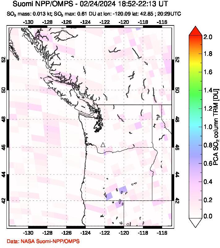 A sulfur dioxide image over Cascade Range, USA on Feb 24, 2024.