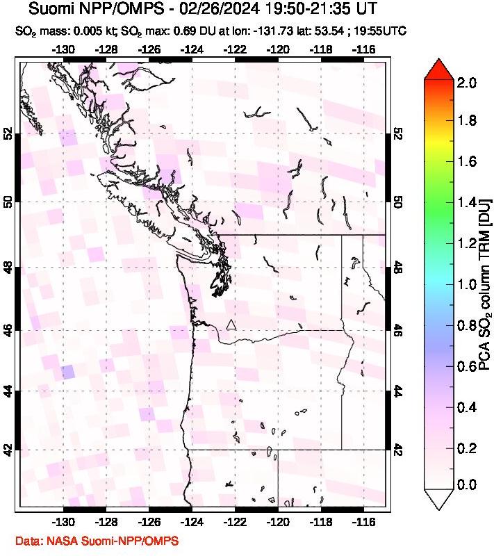 A sulfur dioxide image over Cascade Range, USA on Feb 26, 2024.