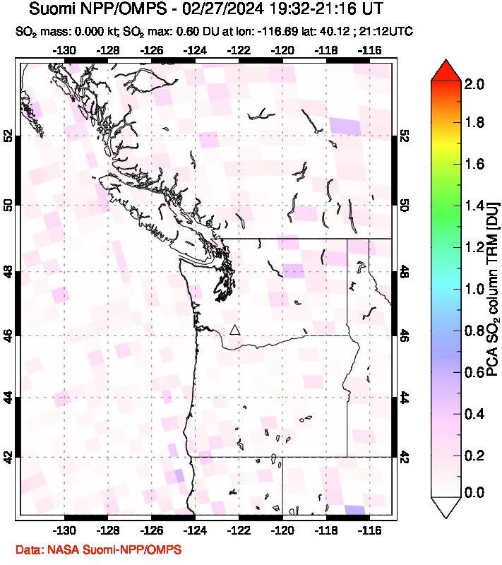 A sulfur dioxide image over Cascade Range, USA on Feb 27, 2024.