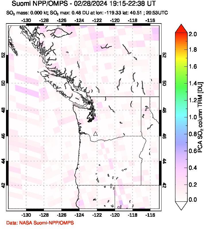 A sulfur dioxide image over Cascade Range, USA on Feb 28, 2024.