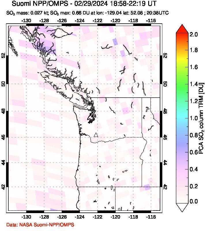 A sulfur dioxide image over Cascade Range, USA on Feb 29, 2024.