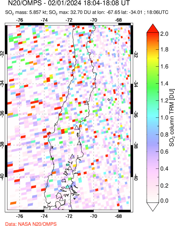 A sulfur dioxide image over Central Chile on Feb 01, 2024.