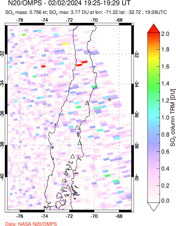 A sulfur dioxide image over Central Chile on Feb 02, 2024.